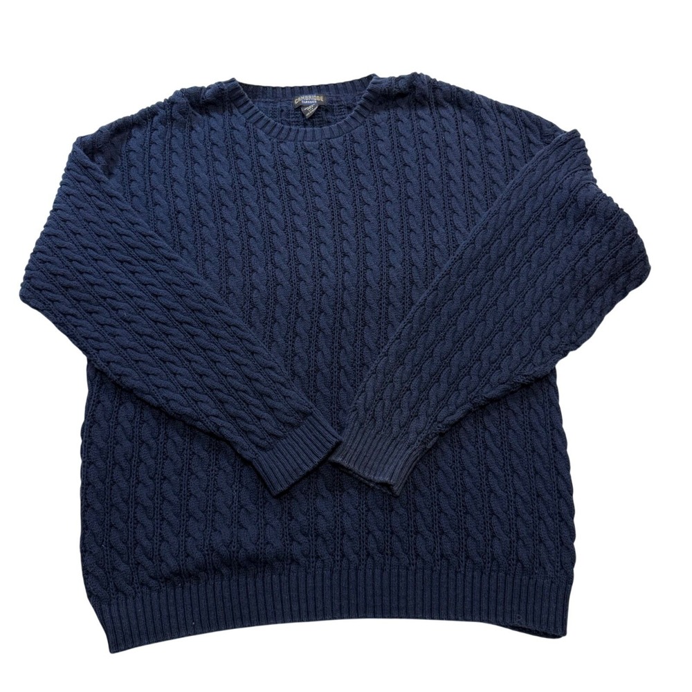 Vintage 90s Cambridge Classics Mens Navy Blue Cable Knit Cotton Sweater XL USA